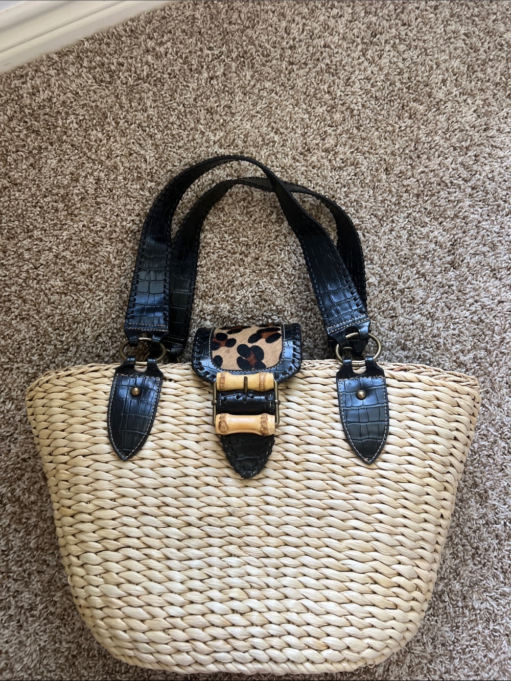 Kate Landry Woven Straw Tote with Black Leather Trim and Leopard Accent